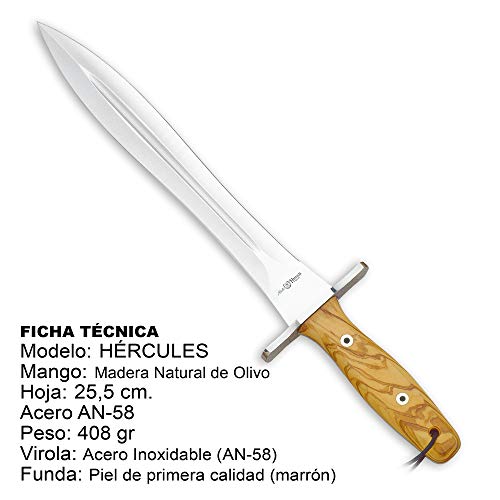 MIGUEL NIETO Cuchillo rematador de Caza, montería. Modelo Hércules. Fabricado en Albacete. Hoja Acanalada de Acero AN58 de 25,5 cm y empuñadura de Madera Natural de Olivo.