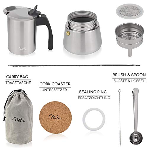 Milu Cafetera Italiana inducción| 2, 4, 6 Tazas| Cafetera Moka de Acero Inox, Expresso Maker - Set comprensivo di sottobicchiere, cucchiaio, spazzola (6 tazze da 300 ml)