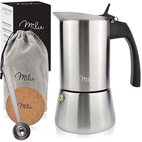 Milu Cafetera Italiana inducción| 2, 4, 6 Tazas| Cafetera Moka de Acero Inox, Expresso Maker - Set comprensivo di sottobicchiere, cucchiaio, spazzola (6 tazze da 300 ml)