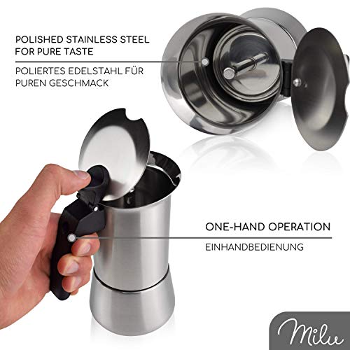 Milu Cafetera Italiana inducción| 2, 4, 6 Tazas| Cafetera Moka de Acero Inox, Expresso Maker - Set comprensivo di sottobicchiere, cucchiaio, spazzola (6 tazze da 300 ml)