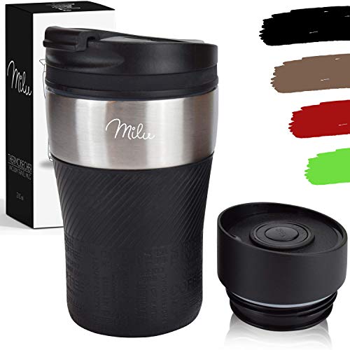 Milu Termo Taza 210ml - Vaso Termico de Viaje - Café para Llevar - Taza de Viaje - Taza de acero inoxidable para beber - con aislamiento de doble pared (Negro, 210ml)