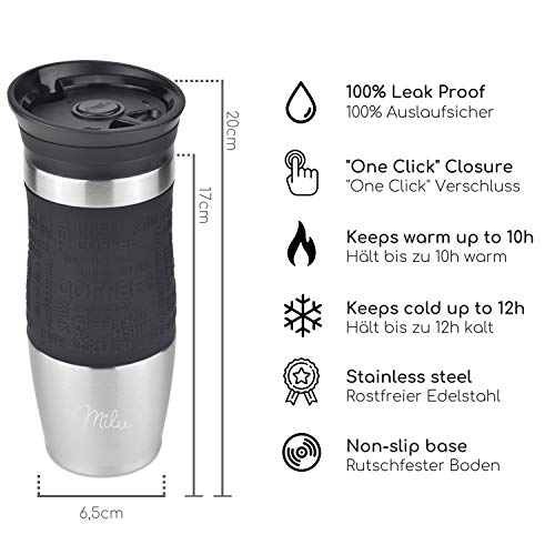 Milu Termo Taza 370ml, 450ml - Vaso Termico de Viaje - Café para Llevar - Taza de Viaje - Taza de acero inoxidable para beber - con aislamiento de doble pared (370ml, Negro)