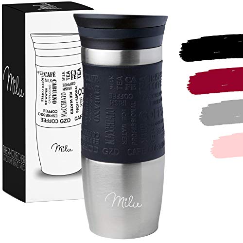 Milu Termo Taza 370ml, 450ml - Vaso Termico de Viaje - Café para Llevar - Taza de Viaje - Taza de acero inoxidable para beber - con aislamiento de doble pared (370ml, Negro)