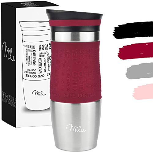 Milu Termo Taza 370ml, 450ml - Vaso Termico de Viaje - Café para Llevar - Taza de Viaje - Taza de acero inoxidable para beber - con aislamiento de doble pared (370ml, Rojo)