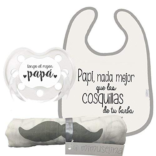 Mimuselina Pack Regalo Día del Padre | Regalo para Papás y Bebés, Muselina de Algodón, Chupete y Babero con Mensajes Originales para Papi y Bebé, Ideal para Papás Primerizos