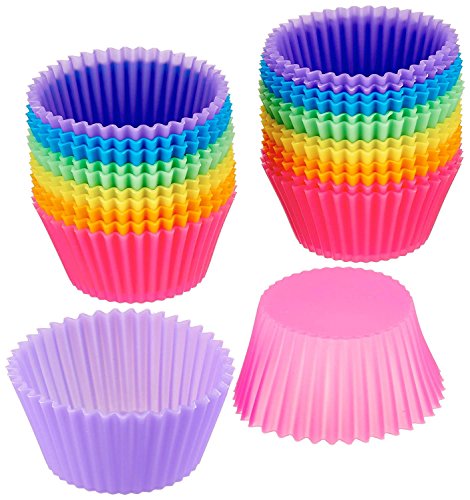 MINGZE 24 piezas moldes silicona pastelillos, reutilizables antiadherentes Moldes magdalenas horneado hornear de 7 cm, tazas muffins forros cupcakes soportes chocolate trufas, 6 colores arco iris