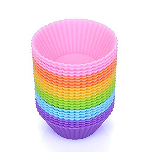 MINGZE 24 piezas moldes silicona pastelillos, reutilizables antiadherentes Moldes magdalenas horneado hornear de 7 cm, tazas muffins forros cupcakes soportes chocolate trufas, 6 colores arco iris