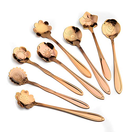 MINGZE 8 Piezas Cuchara De Acero Inoxidable con Forma De Flor, Cucharadita Vajilla Creativo Cuchara De Café, para Postres, Helados, Dulces, Té, Azúcar, Espresso, Mezclar, Mermeladas (Oro Rosa)