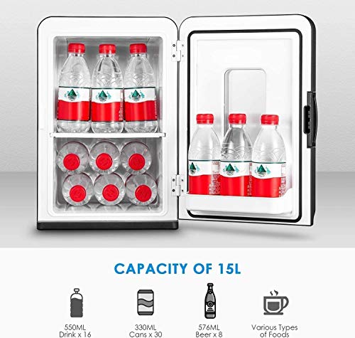 Mini Nevera 15L Mini-Frigorífico Portátil 12 V/220 V para Coche y Casa, 2 en 1 Termoeléctrica Nevera con función de Frío y Calor, Manija Automática, Incluye Estantes Extraíbles(Modo Eco)