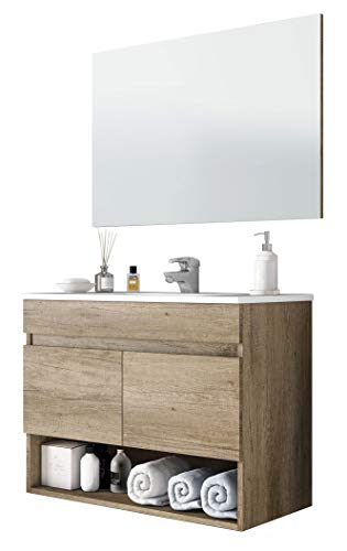 Miroytengo Mueble Lavabo suspendido Que Incluye Espejo Mueble baño de Dos Puertas y Hueco Abierto 80x45x64 cm con LAVAMANOS PMMA