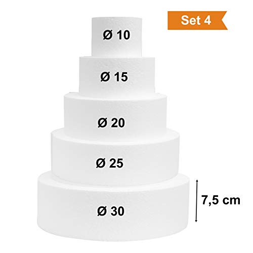 Miss Bakery's House® - Disco de poliestireno - cake dummy – set 4 – Ø 10 cm, Ø 15 cm, Ø 20 cm, Ø 25 cm, Ø 30 cm – 5 piezas