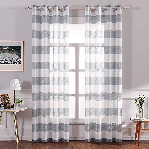 MIULEE 2 Unidades Cortinas Translucida de Moderno Ventana Visillos Horizontal Rayas Salon Paneles con Ojales para Sala Cuarto Comedor Salon Cocina Habitación 140x260cm Azul