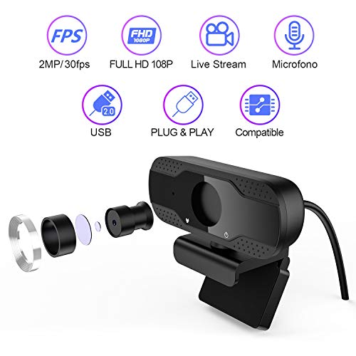 MK Webcam PC Full HD 1080P con Micrófono, Webcam Portátil para PC, Webcam USB 2.0, Streaming Cámara Reducción de Ruido para Videollamadas, Grabación, Conferencias con Clip Giratorio