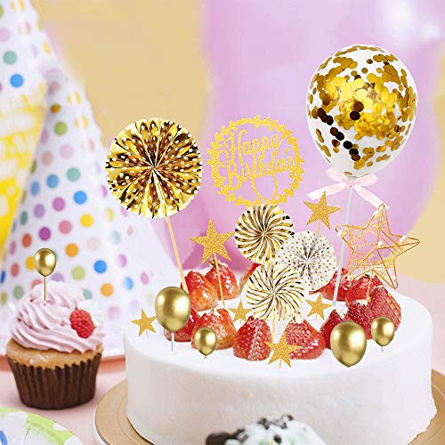 MMTX Oro Decoración para Tartas de Cumpleaños Cupcake Toppers con Abanicos de Papel Globos Confeti Cupcake Topper para Oro Tema Partido Decoración Niña Chico Niño Mujer Hombre