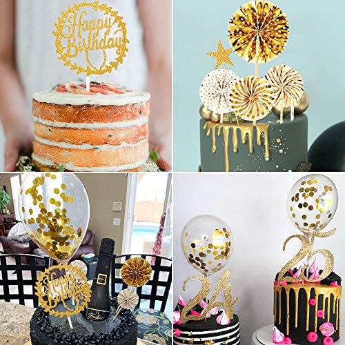 MMTX Oro Decoración para Tartas de Cumpleaños Cupcake Toppers con Abanicos de Papel Globos Confeti Cupcake Topper para Oro Tema Partido Decoración Niña Chico Niño Mujer Hombre