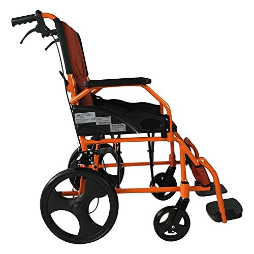 Mobiclinic, Modelo Pirámide, Silla de ruedas ortopédica, asiento de 46 cm, para minuválidos, plegable, de aluminio, freno en manetas, reposapiés, reposabrazos, color naranja