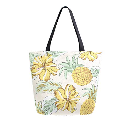 Moda Casual Reutilizable Bolsas de comestibles Tropical Amarillo Hibisco Flores Palma Hojas piñas Hombres Mujeres Hombro Bolsa de Lona