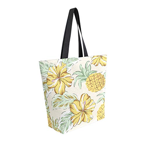 Moda Casual Reutilizable Bolsas de comestibles Tropical Amarillo Hibisco Flores Palma Hojas piñas Hombres Mujeres Hombro Bolsa de Lona