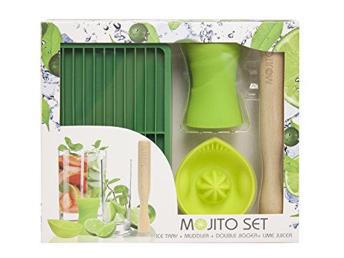 Mojito Kit - Set de fabricación de cócteles - Incluye exprimidor de cítricos Lima, 30 ml 45 ml Doble Jigger, Hojas de Menta de azúcar Madera Muddler y Silicona Molde Bandeja de Hielo