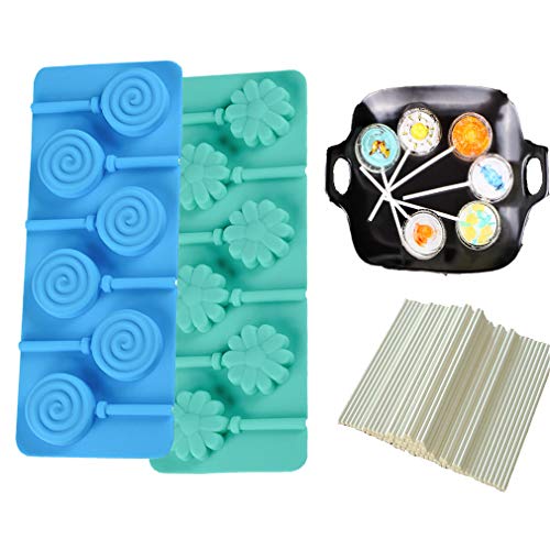 Moldes de Cake Pop de Silicona para Piruletas Haciendo - Forma de Flor e Espiral Molde de Silicone para Lollipop/Chocolate/Caramelo/Hielo - Viene con 100 Palitos de cartón - Moldes Color al Azar