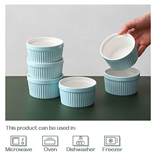 Moldes de porcelana DOWAN de 236 ml - Moldes para platos de soufflé para creme Brulee Pudding Oven Safe, cuencos Ramekins de estilo clásico para hornear, juego de 6, azul