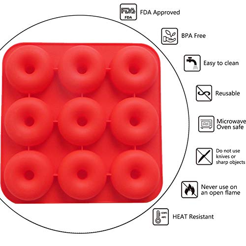 Moldes de silicona con forma de donut, 9 formas de cavita, molde de silicona para donut de 11 x 11 pulgadas para pasteles, magdalenas con cepillo de silicona