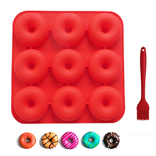 Moldes de silicona con forma de donut, 9 formas de cavita, molde de silicona para donut de 11 x 11 pulgadas para pasteles, magdalenas con cepillo de silicona