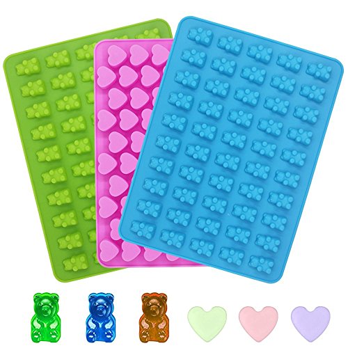 Moldes de silicona para dulces y bandejas para cubitos de hielo, YuCool paquete de 4 moldes de gelatina, moldes de chocolate, osito de goma con 2 goteros de bonificación – Corazón, oso