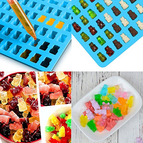 Moldes de silicona para dulces y bandejas para cubitos de hielo, YuCool paquete de 4 moldes de gelatina, moldes de chocolate, osito de goma con 2 goteros de bonificación – Corazón, oso