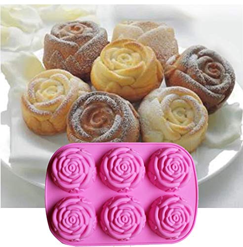 Moldes de Silicone de 6 cavidades en forma Forma de Rosa - 3PCS Antiadherente Moldes para jabón Tartas, Repostería, Bizcocho, Gelatina, Jabón, Muffin, Pudín