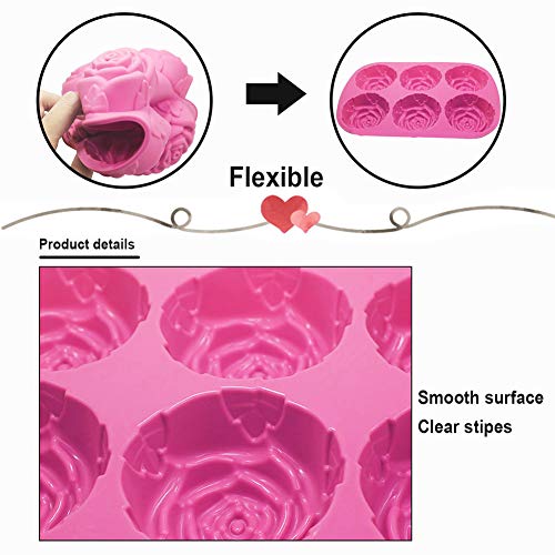 Moldes de Silicone de 6 cavidades en forma Forma de Rosa - 3PCS Antiadherente Moldes para jabón Tartas, Repostería, Bizcocho, Gelatina, Jabón, Muffin, Pudín