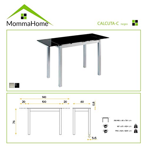 MOMMA HOME Mesa de Cocina Extensible - Modelo CALCUTA - Color Negro/Plata - Material Cristal Templado/Metal - Medidas 100/140 x 60 x 76 cm
