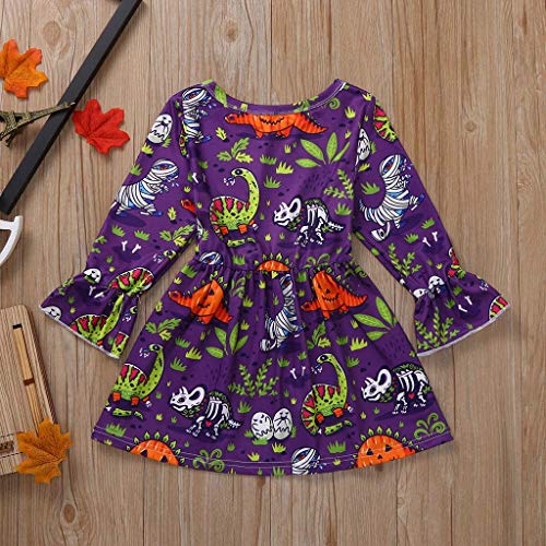 Moneycom: Niños de manga larga con estampado de calavera y dinosaurio para Halloween Princess Dress Halloween Fiesta Retro Patchwork Cuento de hadas antiguo morado morado 4-5 Años