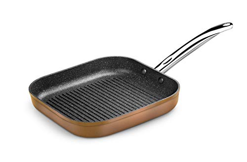 Monix Copper - Grill con rayas 28 x 28 cm de aluminio forjado con antiadherente con partículas de titanio, aptas para todo tipo de cocinas, incluso inducción, color cobre