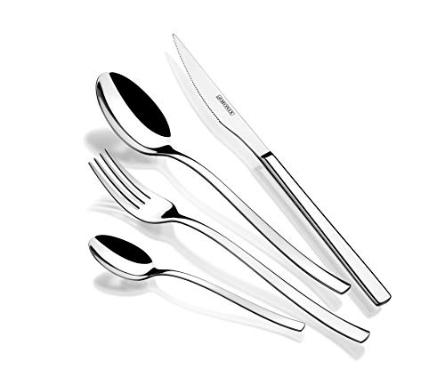 Monix Génova - Set de cubiertos de 24 piezas con cuchillo chuletero, acero inoxidable 18/10, diseño vanguardista y moderno, acabado pulido brillante, espesor 2.5 mm (6 comensales)