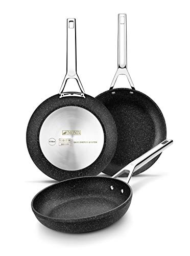 Monix Mineral-Set de 3 sartenes, 20-24-28 cm, Aluminio Forjado con Antiadherente, Acabado Efecto Piedra, sin PFOA, aptas para Todo Tipo de cocinas, inlcuida Inducción, Negro, 20-24-28