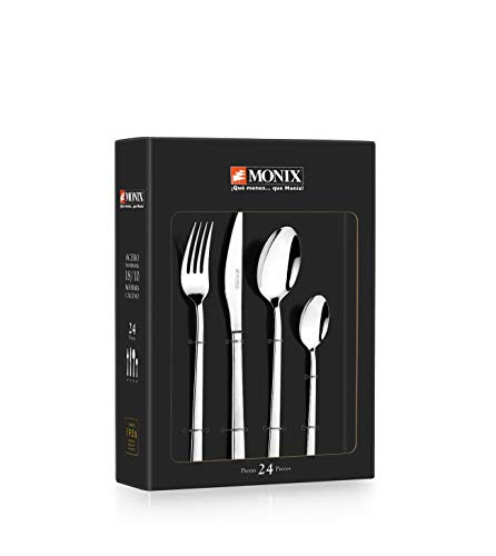 Monix Pisa - Set de cubiertos de 24 piezas con cuchillo chuletero, acero inoxidable 18/10, diseño contemporaneo, acabado pulido brillante, espesor 3 mm (6 comensales)