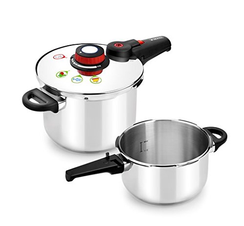 Monix Selecta Duo Set ollas a presión rápidas 4 y 6 litros con Sistema de selección de Alimentos y Cierre automático, Acero INOX 18/10, Plata, 2 Unidades