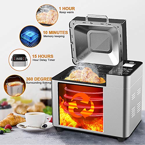 MooSoo Panificadora, 25 Programs/Automática/Capacidad 1 kg/Olla de Cerámica Antiadherente/Panel LCD Táctil Digital/15H Temporizador/, para Pan Sin Gluten, Mermelada y Yogur