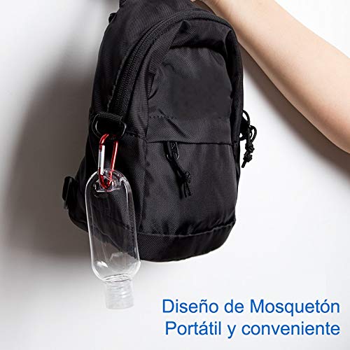 MoreCro 5 Piezas Botellas de Viaje Portátiles de 50ml con 2 Embudos, Contenedores Vacíos de Desinfectante de Manos con Mosquetón de Gancho, Clip para Cinturón, Plástico (Color de Gancho Aleatorio)