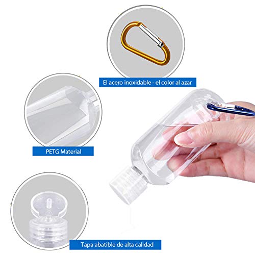 MoreCro 5 Piezas Botellas de Viaje Portátiles de 50ml con 2 Embudos, Contenedores Vacíos de Desinfectante de Manos con Mosquetón de Gancho, Clip para Cinturón, Plástico (Color de Gancho Aleatorio)