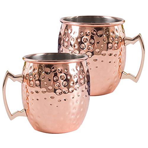 Moscow Mule Tazas, 2 Piezas Mula de Moscú Original 100% Cobre Puro Martillado Solido Jarra Hecho a Mano Oreja Soldada, 530 ML, Cocktail Coctel Regalo