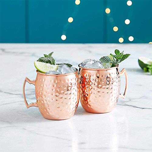 Moscow Mule Tazas, 2 Piezas Mula de Moscú Original 100% Cobre Puro Martillado Solido Jarra Hecho a Mano Oreja Soldada, 530 ML, Cocktail Coctel Regalo