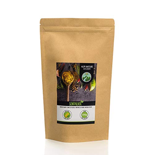 Mostaza en polvo (500g), 100% natural a partir de semillas de mostaza, semillas de mostaza suavemente secadas y molidas, por supuesto sin aditivos, veganas