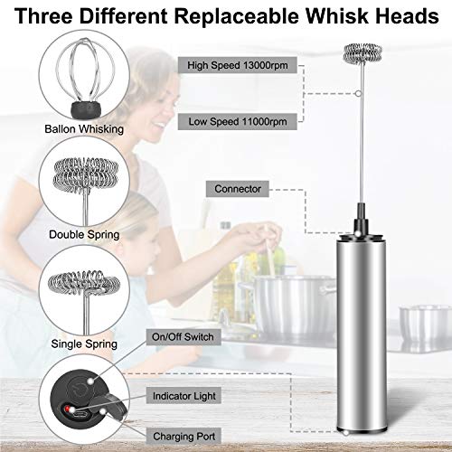 MOSUO Espumador de Leche Eléctrico, USB Recargable Batidor de leche de Acero Inoxidable con Cabezal Doble/Simple y Batidor de Globo, Mini Batidora para Huevos Cafe Latte Cappuccino