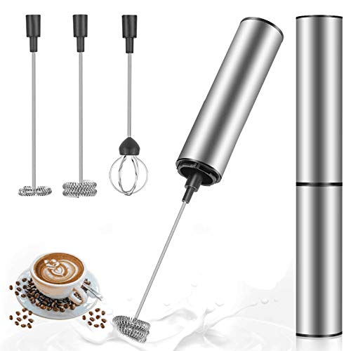 MOSUO Espumador de Leche Eléctrico, USB Recargable Batidor de leche de Acero Inoxidable con Cabezal Doble/Simple y Batidor de Globo, Mini Batidora para Huevos Cafe Latte Cappuccino