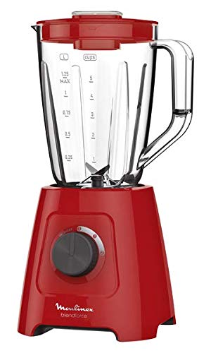 Moulinex Blendforce LM420510 - Batidora Vaso de Plástico, 600 W, 4 Cuchillas de Acero Inoxidable, 2 Velocidades, Limpieza Fácil y Jarra de Plástico de 1.25 L, Apta para Hielo, Rojo