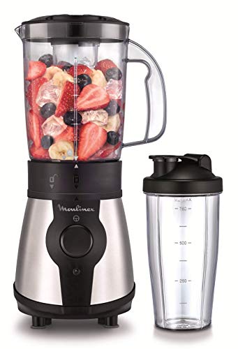 Moulinex Blend&Go LM1B1D10 Batidora de vaso de 300 W, incluye botella de 750 ml transportable, sistema de 4 cuchillas, acabados en acero inoxidable