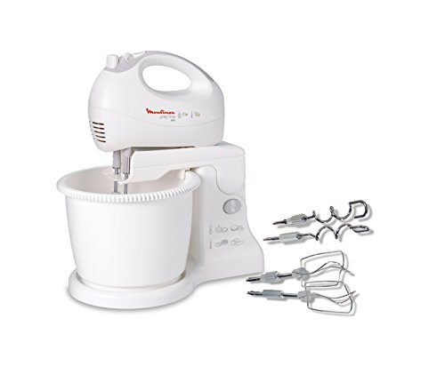 Moulinex Easy Max HM4121 - Batidora amasadora 2 en 1, bol con giro automático, espátula de mezclado, 450 W, 2.5 L, plástico/acero inoxidable, 5 velocidades más turbo, blanco