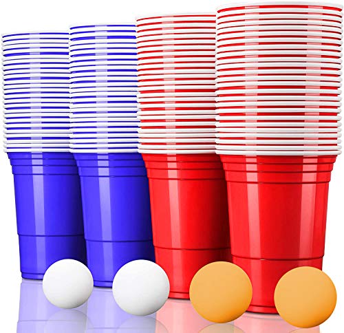 MOZOOSON 100 Reutilizable Vasos 16oz Beer Pong Copas– Vaso para Fiesta Celebración Ideal para Juego Americano de Beer Pong – Vaso para Bebidas con 10 Pelotas Ping-Pong